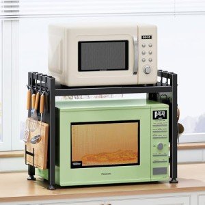 Adjustable 2-Tier Microwave Stand with Hooks and Holders