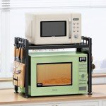 Adjustable 2-Tier Microwave Stand with Hooks and Holders