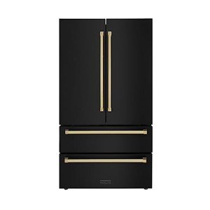 ZLINE 36" Autograph Edition 22.5 cu. ft 4-Door French Door Refrigerator with Ice Maker in Fingerprint Resistant Black Stainless Steel with Polished Gold Traditional Handles (RFMZ-36-BS-G)
