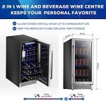 Sueno 15“ Built-In/Freestanding Wine Cooler Refrigerator 32 Bottles or 90 Cans Digital Touch Control Stainless Steel Mirror Glass Door W/Lock Temperature Memory Function Large Space Upright Storage