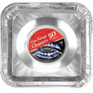 Disposable Gas Burner Liners 50 Pack, Aluminum Foil Square Stove Covers, Range Protectors, Stove Top Foil Covers for Gas Burners, Catch Food Spills, Aluminum Stove Burner Cover, Foil Liner 8.5x8.5 In