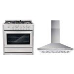 COSMO COS-F965NF 36 in. Dual Fuel Range with 5 Gas Burners, Electric Convection Oven and COSMO 63190 36 in. Wall Mount Range Hood in Stainless Steel