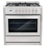 COSMO COS-F965NF 36 in. Dual Fuel Range with 5 Gas Burners, Electric Convection Oven and COSMO 63190 36 in. Wall Mount Range Hood in Stainless Steel