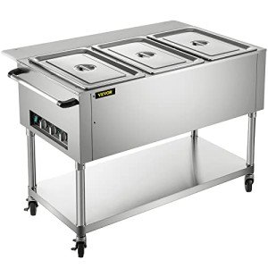 VEVOR Commercial Electric Food Warmer, 3-Pot Steam Table Food Warmer 0-100℃ w/ 2 Lockable Wheels, Professional Stainless Steel Material for Catering and Restaurants