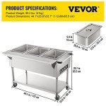VEVOR Commercial Electric Food Warmer, 3-Pot Steam Table Food Warmer 0-100℃ w/ 2 Lockable Wheels, Professional Stainless Steel Material for Catering and Restaurants