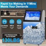 Commercial Ice Maker Machine 130Lbs/24H with 2 Water Inlet Modes, 36Pcs Ice Cubes in 8-15 Mins, Stainless Steel Under Counter/Freestanding Ice Machine with 28Lbs Storage Bin for Home/Shop/Office/Bar