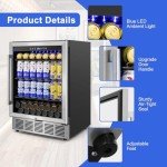 Beverage Refrigerator 24 inch-200 Can Drink Fridge with Glass Door, Under Counter/Freestanding Beverage Cooler with Temperature Memory, Reversible Door, Quick Cooling, Cooler for Beer, Soda, Wine