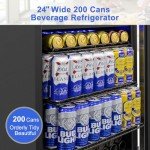 Beverage Refrigerator 24 inch-200 Can Drink Fridge with Glass Door, Under Counter/Freestanding Beverage Cooler with Temperature Memory, Reversible Door, Quick Cooling, Cooler for Beer, Soda, Wine