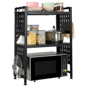 Adjustable 3-Tier Microwave Oven Rack with Hooks