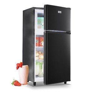 WANAI Mini Fridge with Freezer - Black Double Door