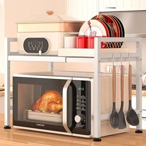 Adjustable 2-Tier Microwave Rack with Hooks