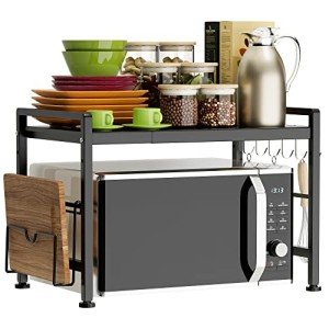 Adjustable 2-Tier Microwave Oven Rack with Hooks