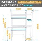 DOLALIKE Microwave Oven Rack, Expandable Microwave Stand Countertop Kitchen Utensils Tableware Storage, Carbon Steel Over Microwave Shelf Countertop 3 Tier with 3 Hooks
