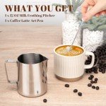 Amrules Milk Frothing Pitcher, 12oz Milk Frother Cup with Clear Scale, 304 Stainless Steel Cappuccino Espresso Machine Accessories for Barista Coffee Bar with Latte Art Pen, Silver