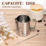 Amrules Milk Frothing Pitcher, 12oz Milk Frother Cup with Clear Scale, 304 Stainless Steel Cappuccino Espresso Machine Accessories for Barista Coffee Bar with Latte Art Pen, Silver