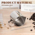 Amrules Milk Frothing Pitcher, 12oz Milk Frother Cup with Clear Scale, 304 Stainless Steel Cappuccino Espresso Machine Accessories for Barista Coffee Bar with Latte Art Pen, Silver