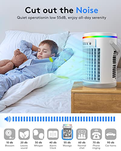Portable Air Conditioners Fan,Wavego 1400ml Evaporative mini air conditioner with 7 Colors Light,3 Speeds Personal Air Conditioner,Personal Air Cooler with Humidifier for Room Bedroom Office (White)
