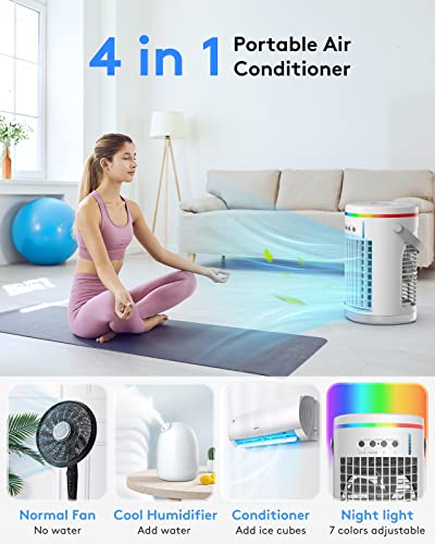 Portable Air Conditioners Fan,Wavego 1400ml Evaporative mini air conditioner with 7 Colors Light,3 Speeds Personal Air Conditioner,Personal Air Cooler with Humidifier for Room Bedroom Office (White)