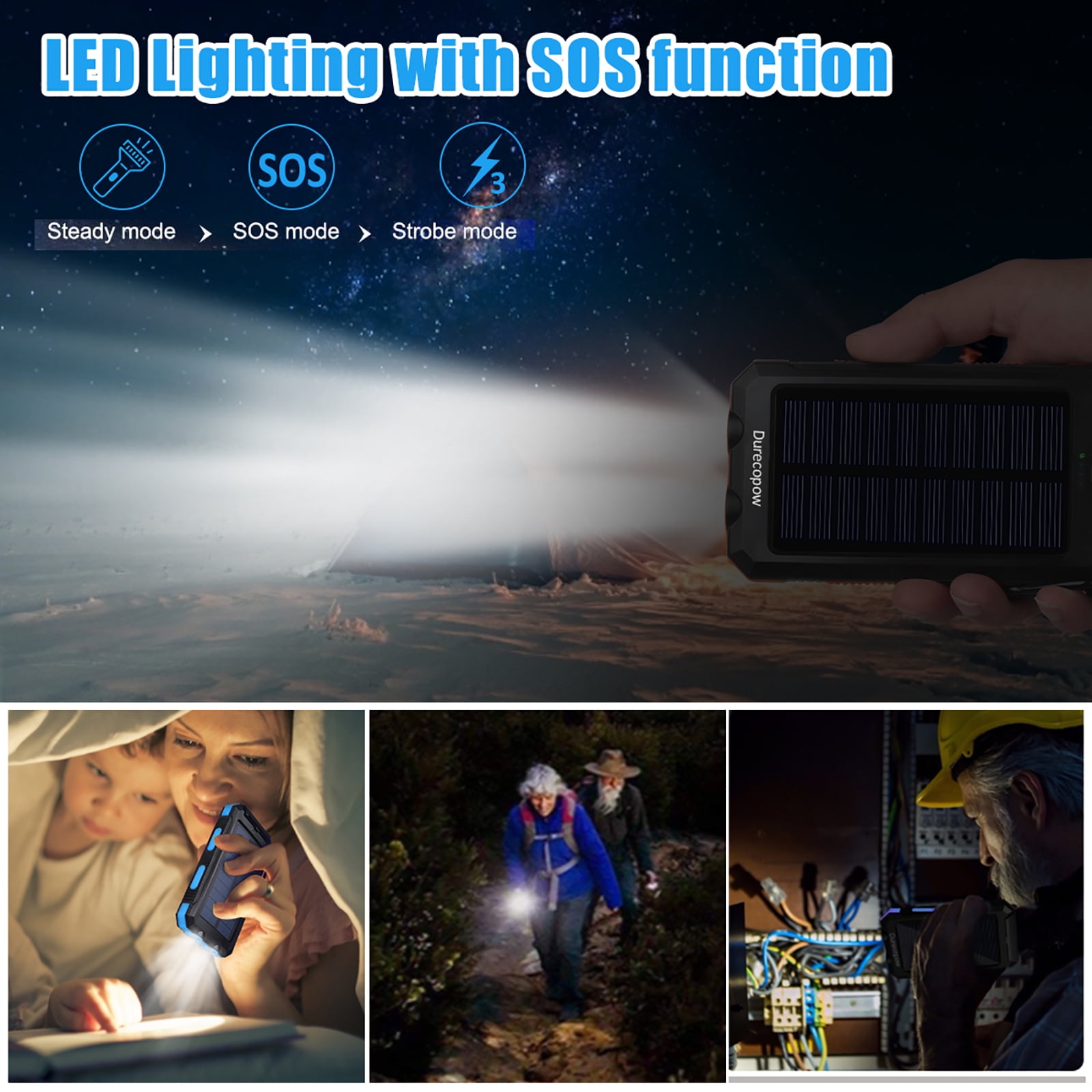 Solar Power Bank with Dual USB Ports, LED Light