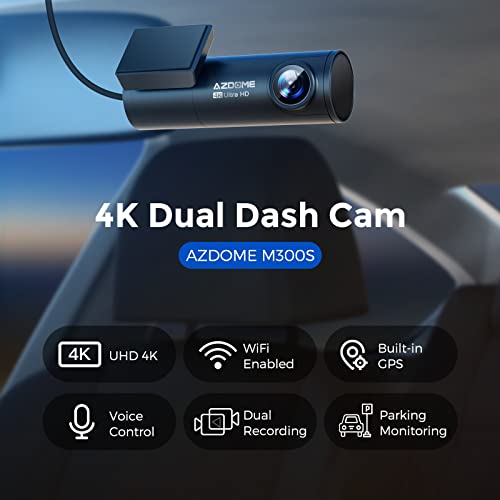 AZDOME 4K Dash Cam Front and Rear, Built in 5G WiFi & GPS & Voice Control M300S Dual Dashcams for Cars, Car Camera with UHD 2160P, Night Vision, WDR, G-Sensor, Parking Monitor, 64GB SD Card Included