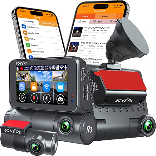 Rove R3 Dash Cam, 3” IPS Touch Screen, 3 Channel Dash Cam Front and Rear with Cabin, 5.0 GHz WiFi, Built-in GPS, 2K-1440P+1080P+1080P, 24-HR Parking Monitor, Supercapacitor, Supports up to 512GB Max
