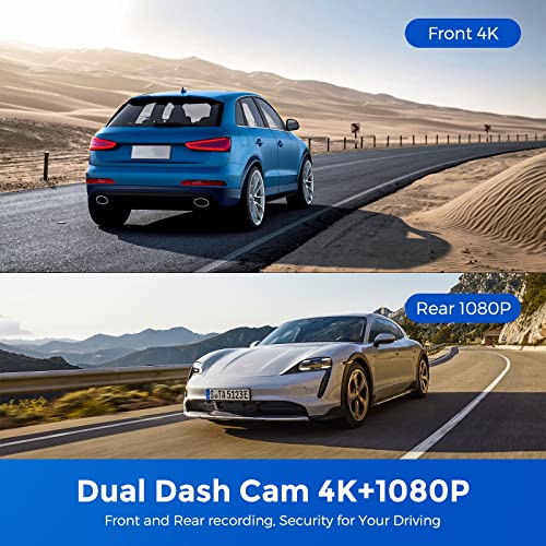 AZDOME 4K Dash Cam Front and Rear, Built in 5G WiFi & GPS & Voice Control M300S Dual Dashcams for Cars, Car Camera with UHD 2160P, Night Vision, WDR, G-Sensor, Parking Monitor, 64GB SD Card Included