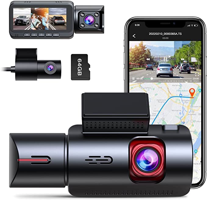 WiFi Dash Cam with 64GB U3 SD Card 4K Car Camera GPS Speed 3 Channel Dash Camera Front and Rear Inside 2K+1080P+2K IR Night Vision,170° Wide Angle,WDR Type-C Port,Emergency Lock, Parking Monitor