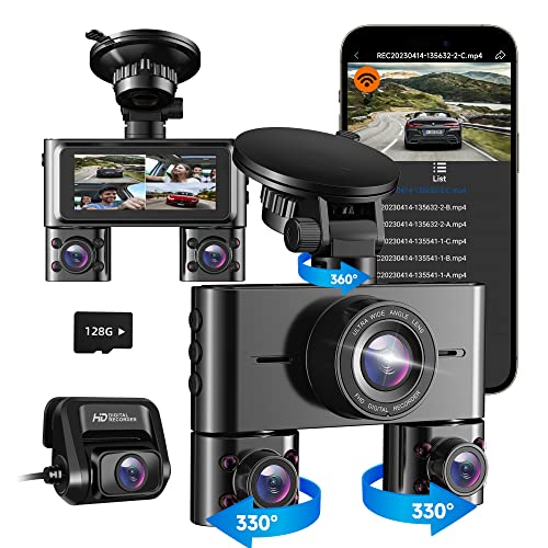 HUPEJOS V7 360° Dash Cam, 4 Channel Quad Camera FHD 1080P*4 Front, Left, Right, and Rear with WiFi, Adjustable Lens Dash Camera for Cars with Night Vision, Free 128GB Card，24 Hours Radar Parking Mode