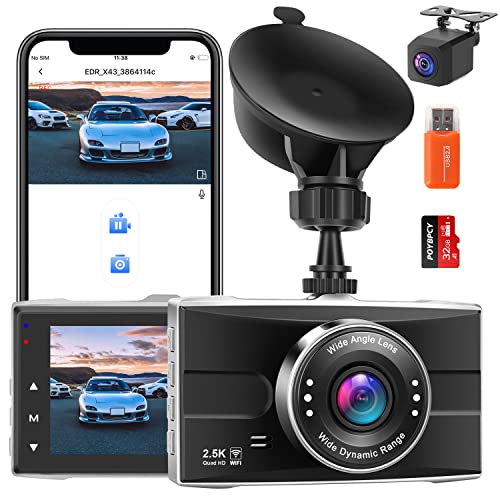 2.5K WiFi Dash Cam Front and Rear, 1440P Quad HD+1080P FHD Dual Dash Camera for Cars with Super Night Vision, Parking Mode, 32G SD Card, 3" IPS Display, 170° Wide Angle, G Sensor, Support 128GB Max