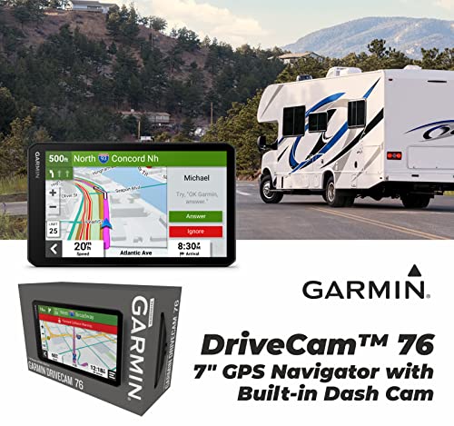 Garmin DriveCam 76, Large, Easy-to-Read 7” GPS car Navigator, Built-in Dash Cam, Automatic Incident Detection, High-Resolution Birdseye Satellite Imagery with Wearable4U Power Pack Bundle