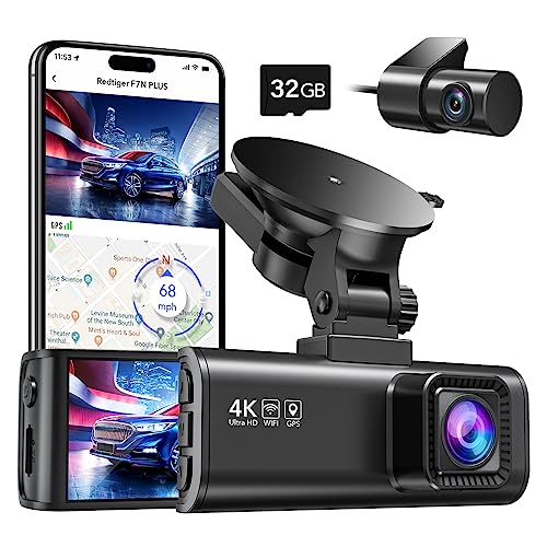 REDTIGER Dash Cam Front Rear, 4K/2.5K Full HD Dash Camera for Cars, Free 32GB SD Card, Built-in Wi-Fi GPS, 3.18” IPS Screen, Night Vision, 170°Wide Angle, WDR, 24H Parking Mode