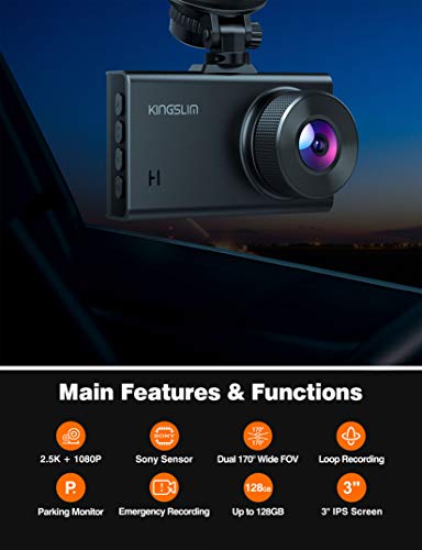 Kingslim D2 2.5K Dual Dash Cam, 1440P&1080P Front and Rear Camera for Cars 170 Degree Driving Recorder with Sony Starvis Sensor Night Vision G-Sensor Parking Mode Support 128GB Max