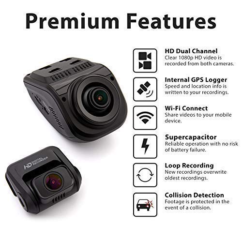 Rexing V1P Pro Dual 1080p Full HD Front and Rear 170° Wide Angle Wi-Fi Car Dash Cam with Built-in GPS Logger, Supercapacitor, 2.4" LCD Screen, G-Sensor, Loop Recording, Mobile App, Parking Monitor