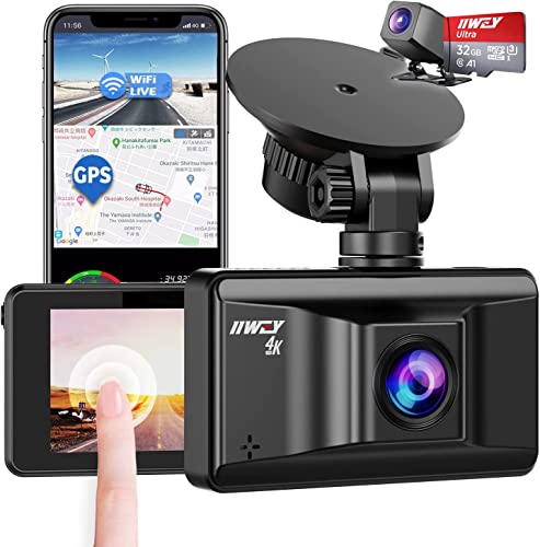 iiwey 4K Dash Cam Front Rear with WiFi GPS, Upgraded Front 4K Rear 1080P or Single Front 4K 2160p@30fps Car Camera, 3” Touchscreen Dashboard Camera, Sony Night Vision, Parking Monitor, App Control