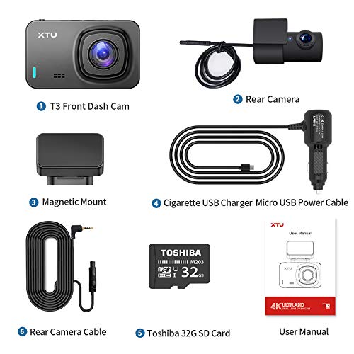 XTU 4K Dash Cam with WiFi/ GPS and Magnetic Mount Built-in, Dash Camera with Sony Sensor 1440P+1080P Dual Lens, Mini Size,Loop Recording,Gesture Snapshot,Auto Recording (32G SD Card Included)