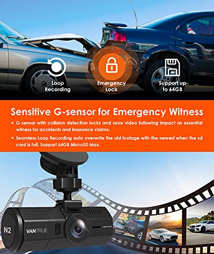 Vantrue N2 Uber Dual Dash Cam, 1080P Inside and Outside Dual Dash Camera, 1.5 inches LCD, Near 360 Degree Wide Angle Lyft Dual Car Cam with Parking Mode, Motion Detection, Front Camera Night Vision