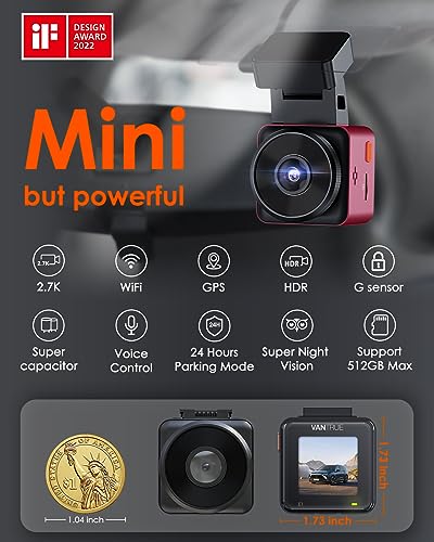 Vantrue E1 2.5K WiFi GPS Mini Dash Cam 1944P Voice Control 1.54" LCD Front Car Dashboard Camera with APP, Night Vision, 24 Hours Buffered Motion Parking Mode, Wireless Controller, Support 512GB Max