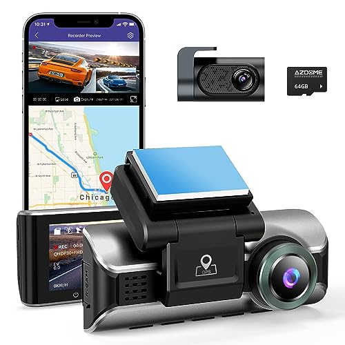 AZDOME 4K Dual Dash Cam, Built-in 5GHz WiFi GPS, With 64GB Card, Front 4K and Rear 1080P Car Dashboard Camera Recorder, 3.19" IPS, Night Vision, Capacitor, Parking Mode, Support 256GB Max M550 Pro-2CH