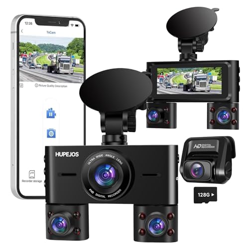 HUPEJOS V7 360° Dash Cam, 4 Channel Quad Camera FHD 1080P*4 Front, Left, Right, and Rear with WiFi, Adjustable Lens Dash Camera for Cars with Night Vision, Free 128GB Card，24 Hours Radar Parking Mode