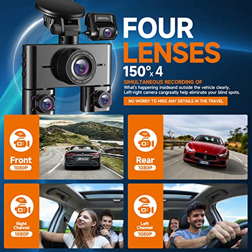 HUPEJOS V7 360° Dash Cam, 4 Channel Quad Camera FHD 1080P*4 Front, Left, Right, and Rear with WiFi, Adjustable Lens Dash Camera for Cars with Night Vision, Free 128GB Card，24 Hours Radar Parking Mode