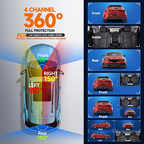 HUPEJOS V7 360° Dash Cam, 4 Channel Quad Camera FHD 1080P*4 Front, Left, Right, and Rear with WiFi, Adjustable Lens Dash Camera for Cars with Night Vision, Free 128GB Card，24 Hours Radar Parking Mode