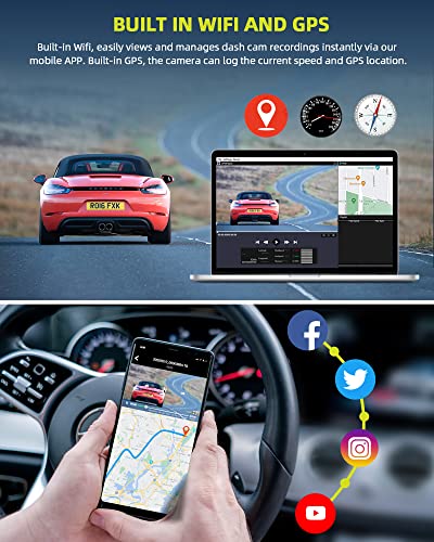 WiFi Dash Cam with 64GB U3 SD Card 4K Car Camera GPS Speed 3 Channel Dash Camera Front and Rear Inside 2K+1080P+2K IR Night Vision,170° Wide Angle,WDR Type-C Port,Emergency Lock, Parking Monitor