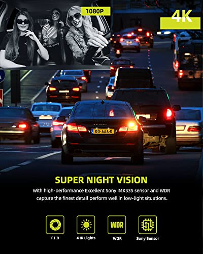 WiFi Dash Cam with 64GB U3 SD Card 4K Car Camera GPS Speed 3 Channel Dash Camera Front and Rear Inside 2K+1080P+2K IR Night Vision,170° Wide Angle,WDR Type-C Port,Emergency Lock, Parking Monitor