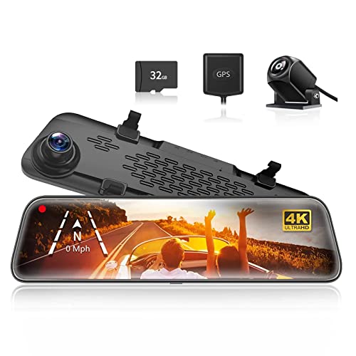 WOLFBOX G840S 12" 4K Mirror Dash Cam Backup Camera, 2160P Full HD Smart Rearview Mirror for Cars & Trucks, Front and Rear View Dual Cameras, Night Vision, Parking Assistance, Free 32GB Card & GPS
