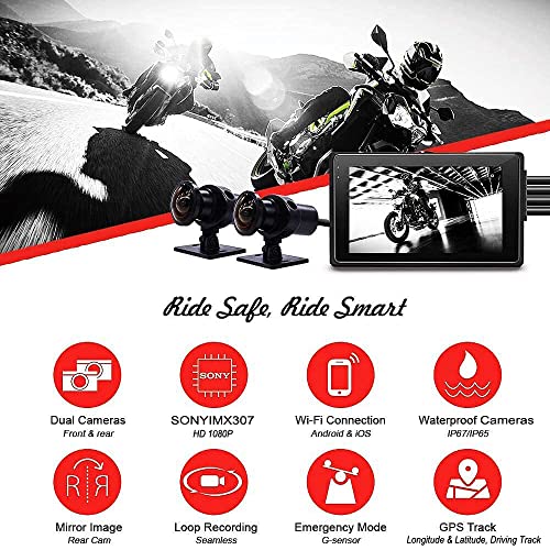 VSYSTO Fish Eye Camera WiFi Motorcycle Dash Cam, 3" IPS Screen GPS WDR HD 1080P Front & Rear Sports Action Camera DVR, 150° Wide Angle SONYIMX307 Lens Night Vision G-Sensor Loop Recording