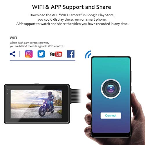 VSYSTO Fish Eye Camera WiFi Motorcycle Dash Cam, 3" IPS Screen GPS WDR HD 1080P Front & Rear Sports Action Camera DVR, 150° Wide Angle SONYIMX307 Lens Night Vision G-Sensor Loop Recording