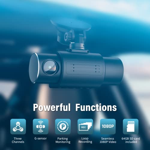iiwey Dash Cam Front Rear and Inside 1080P Three Channels with IR Night Vision Car Camera SD Card Included Dashboard Camera Dashcam for Cars HDR Motion Detection and G-Sensor for Car, Taxi, Uber