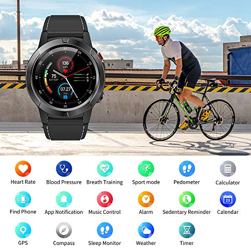 Smart Watch for Android Phones, GPS Smartwatch for Men with Heart Rate and BP Monitor, Pedometer, Text Call Notification, Compass, Barometer, Altitude, Leather and Rubber Bands, Round Face, 2021