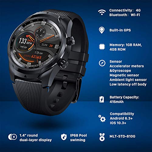 TicWatch Pro 4G LTE Cellular Smartwatch GPS NFC Wear OS by Google Android Health and Fitness Tracker with Calls Notifications Music Swim Sleep Tracking Heart Rate Monitor US Version