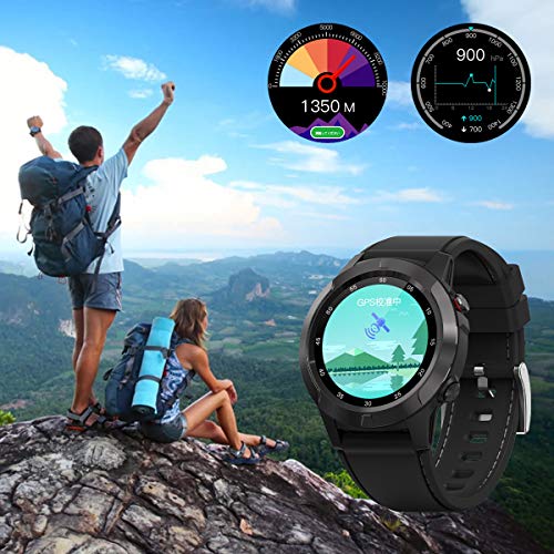 Smart Watch for Android Phones, GPS Smartwatch for Men with Heart Rate and BP Monitor, Pedometer, Text Call Notification, Compass, Barometer, Altitude, Leather and Rubber Bands, Round Face, 2021